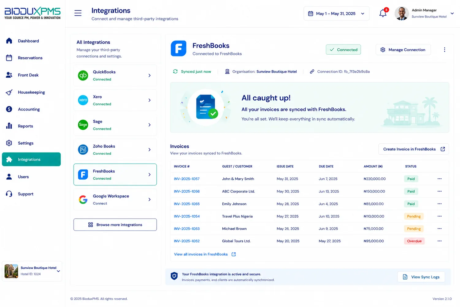 FreshBooks integration interface