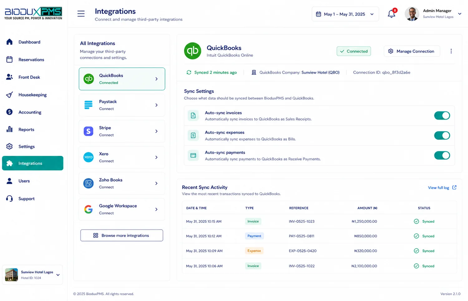 QuickBooks integration interface