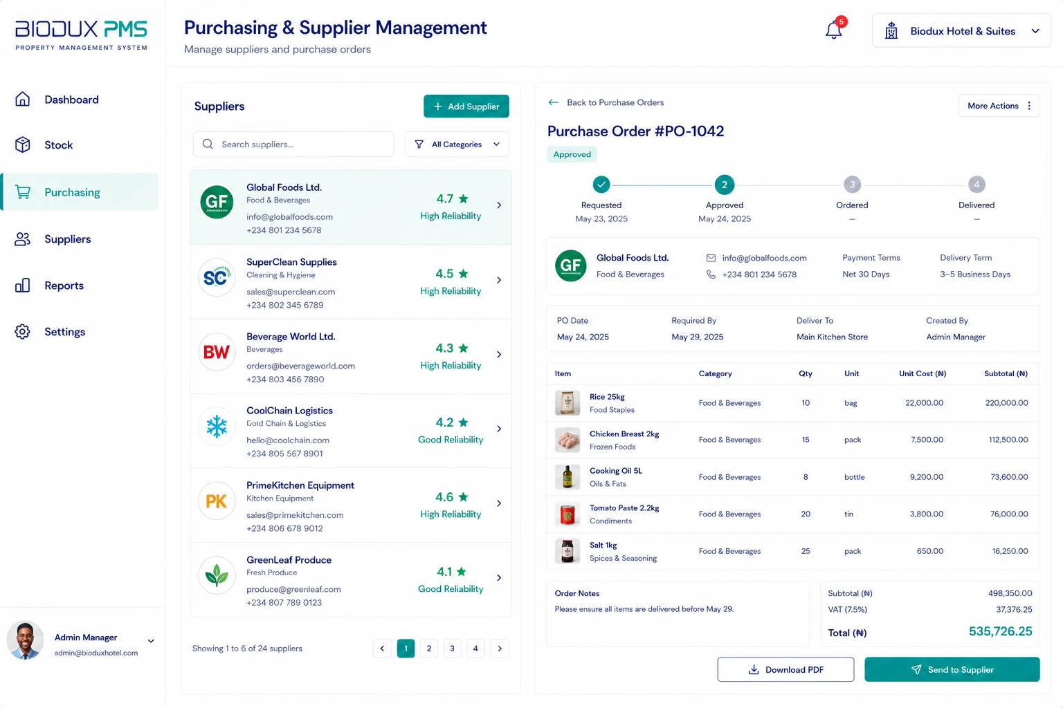 Purchasing & Supplier Management interface