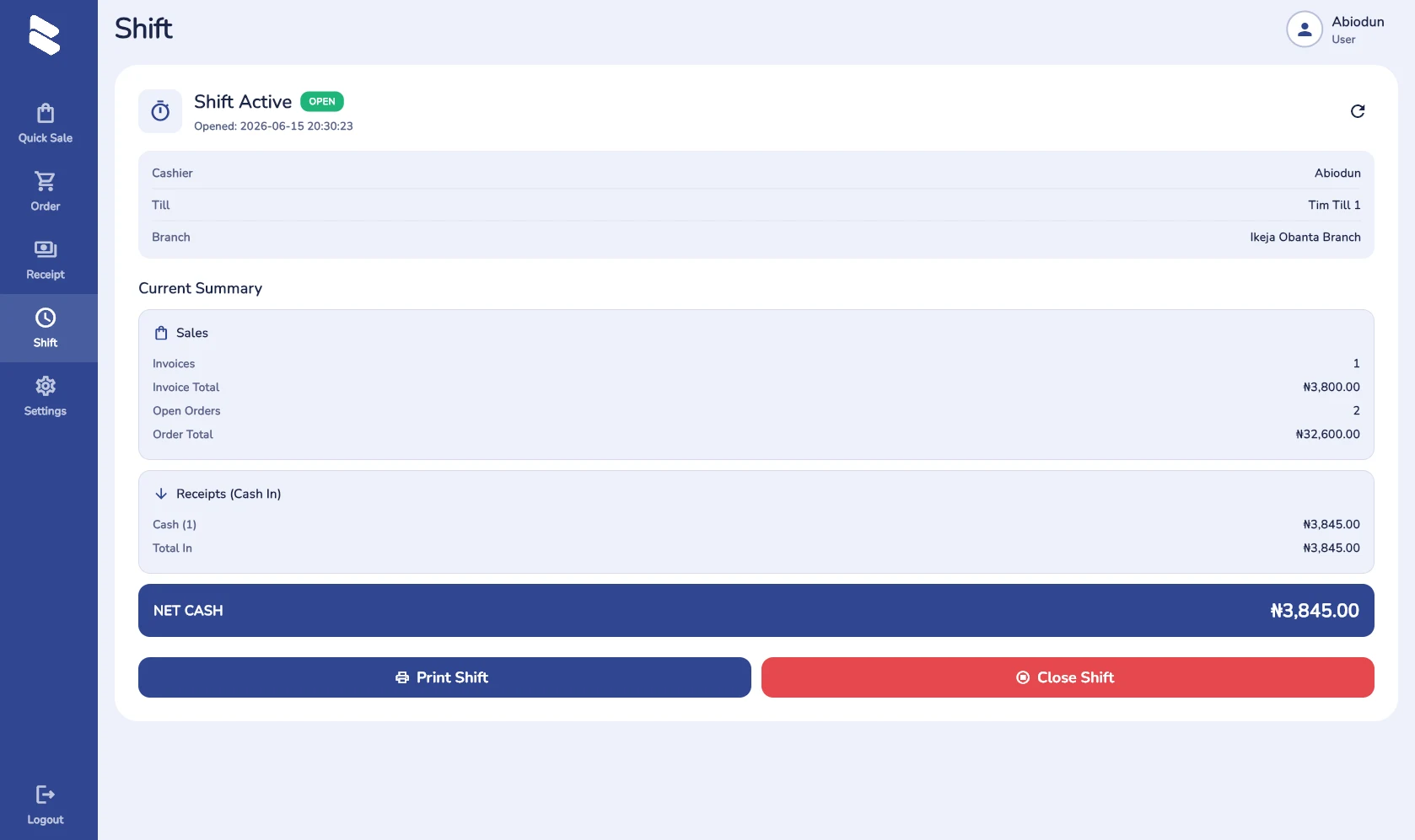 Shift & Cash Reconciliation interface