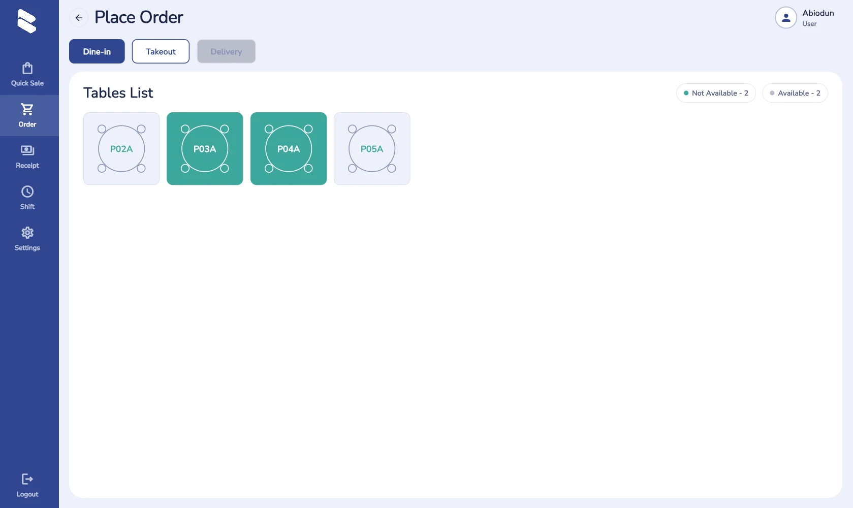 Quick Order & Table Management interface