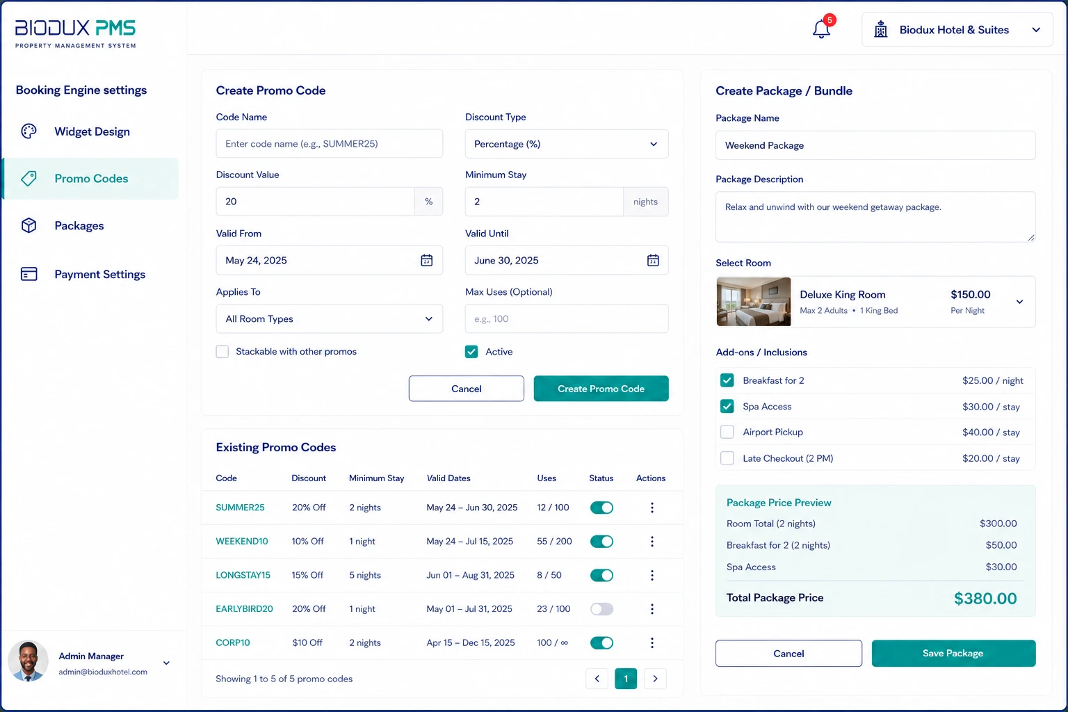 Promo and Package Creation interface